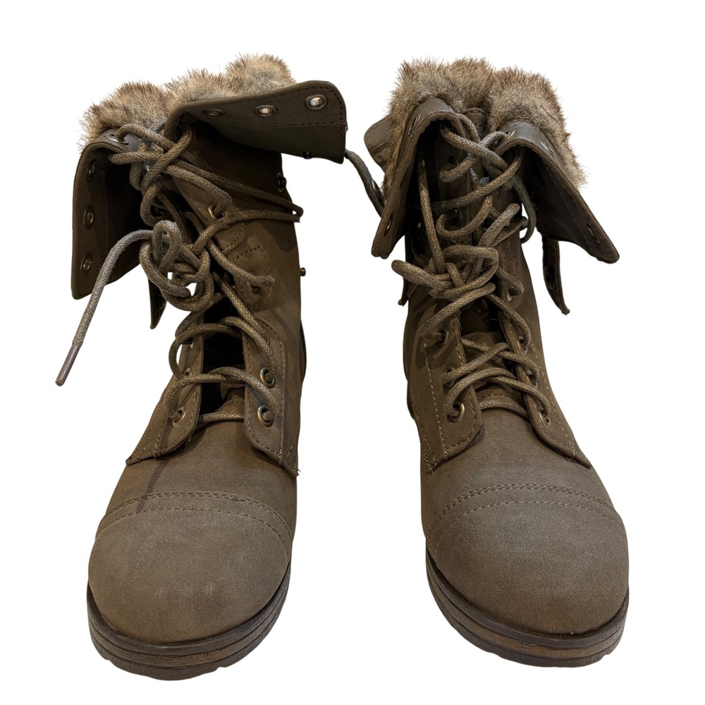 JustFab Rhona Combat Boots Womens 7.5 Gray Faux Fur Fold Over Lace Up Back Zip